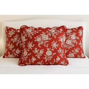 Blanc d’Ivoire Héloïse Red Quilted Pillow Shams Set 3 Scalloped Floral